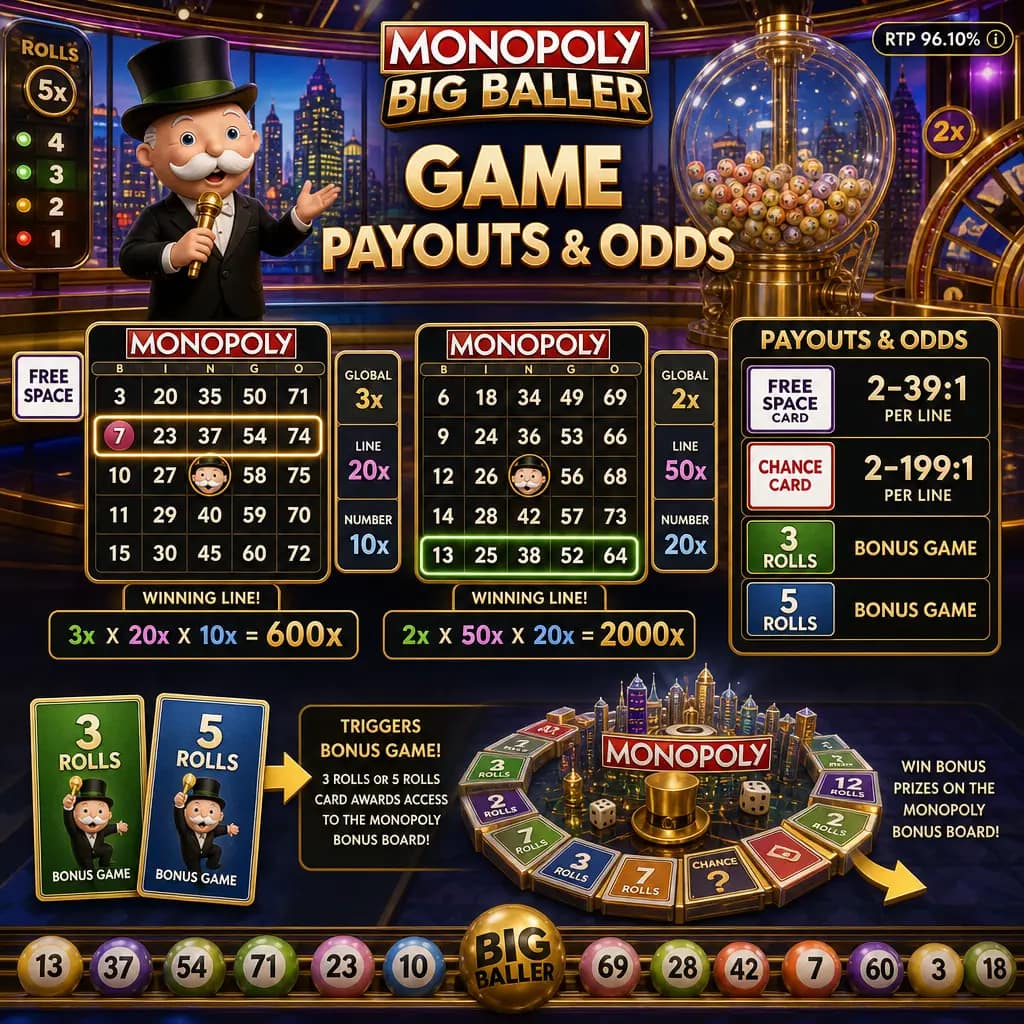 Monopoly Big Baller game payouts and odds chart showing 96.1% RTP, number, line, and global multipliers, and bonus round rates.