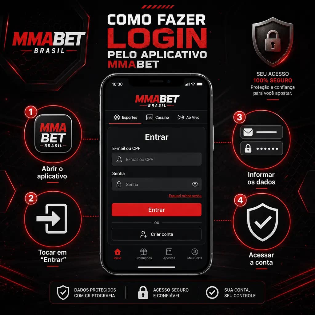 Passo a passo para fazer login no aplicativo MMABet no smartphone com e-mail ou telefone