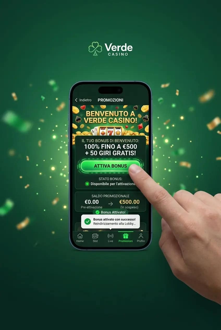 Schermata app Verde Casino con sezione promozioni, bonus di benvenuto e pulsante Attiva Bonus visibile