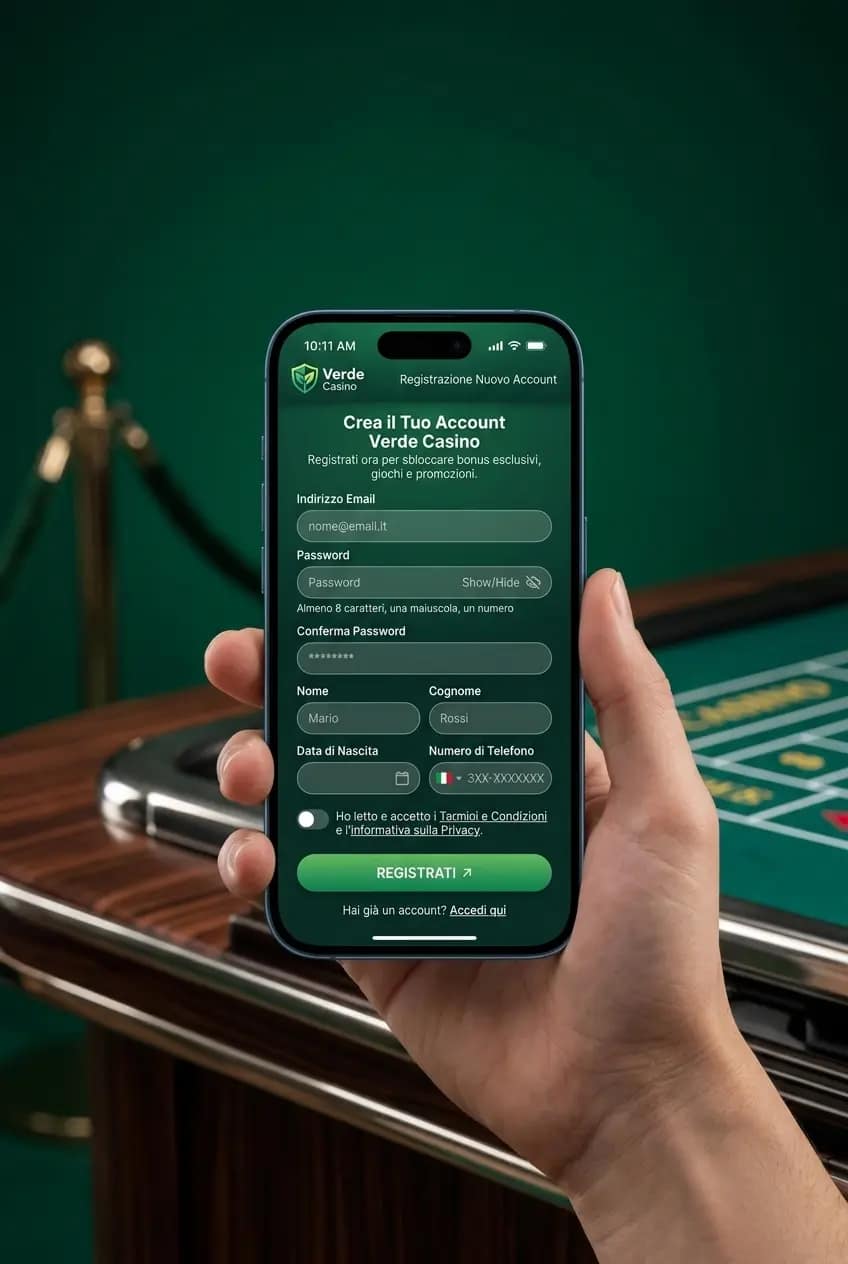 Schermata di registrazione Verde Casino su smartphone con campi email e pulsante Registrati, interfaccia moderna in italiano