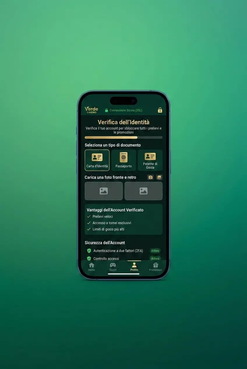 Schermata app Verde Casino con verifica identità in italiano, caricamento documenti e indicatori di sicurezza account