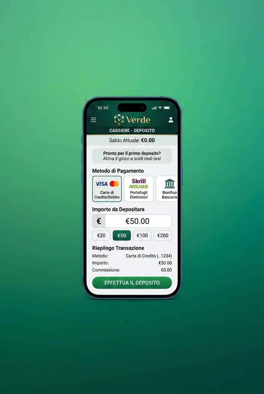 Schermata mobile Verde Casino con sezione cassa, metodi di pagamento e campo deposito per attivare il bonus benvenuto